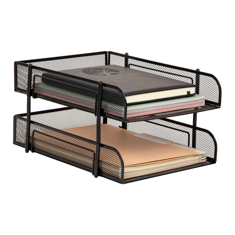 Mind Reader Stackable Paper Tray, Desktop Organizer, File Storage, Office, Metal Mesh, 2 Pcs, Black - Image 1